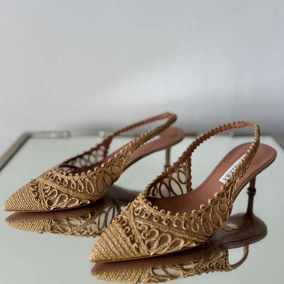 New AQUAZZURA Beige Raffia Kahlo Slingback Pumps 50 $950 - Picture 9 of 14